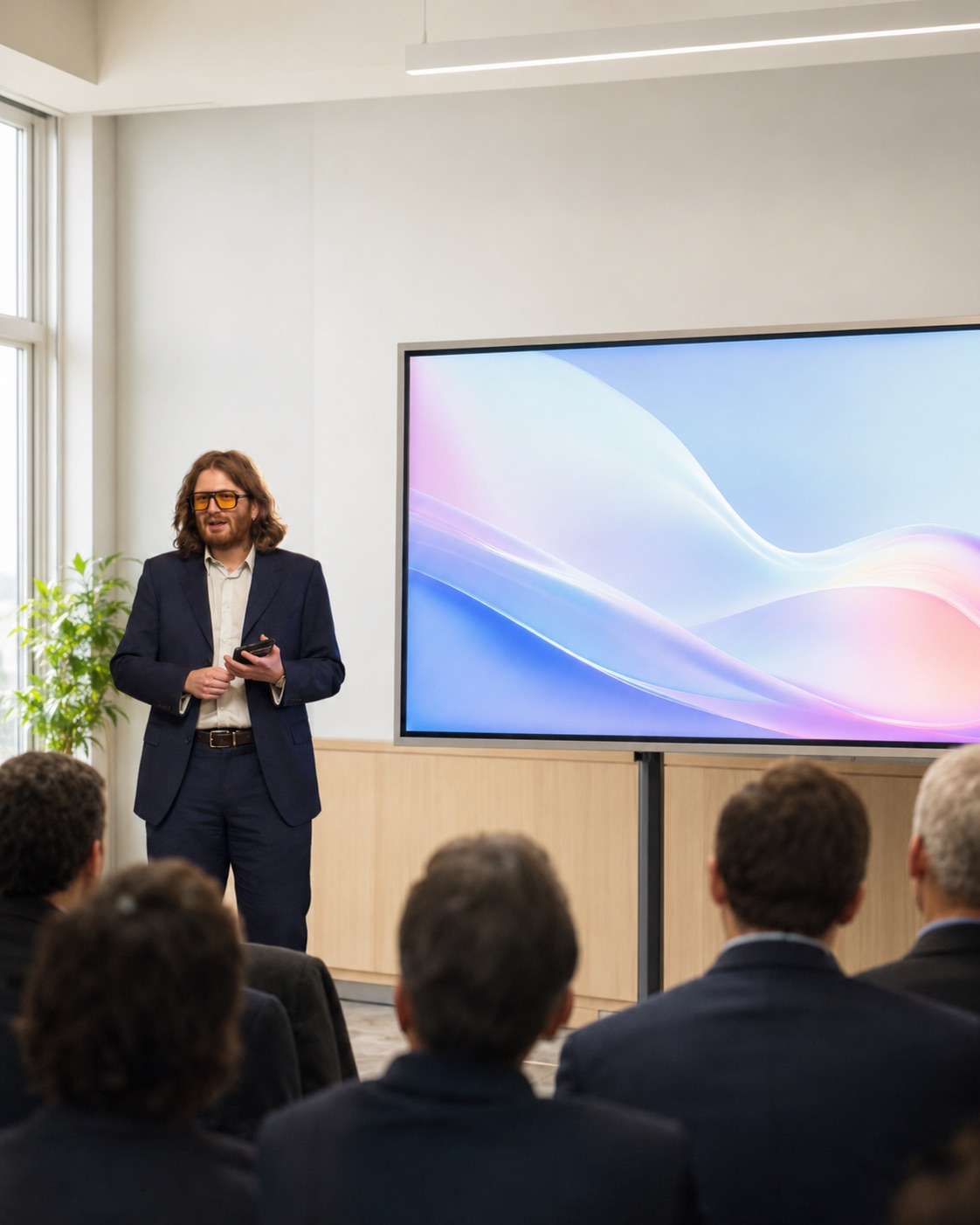 Alessio Marcone durante una presentazione aziendale sull’innovazione